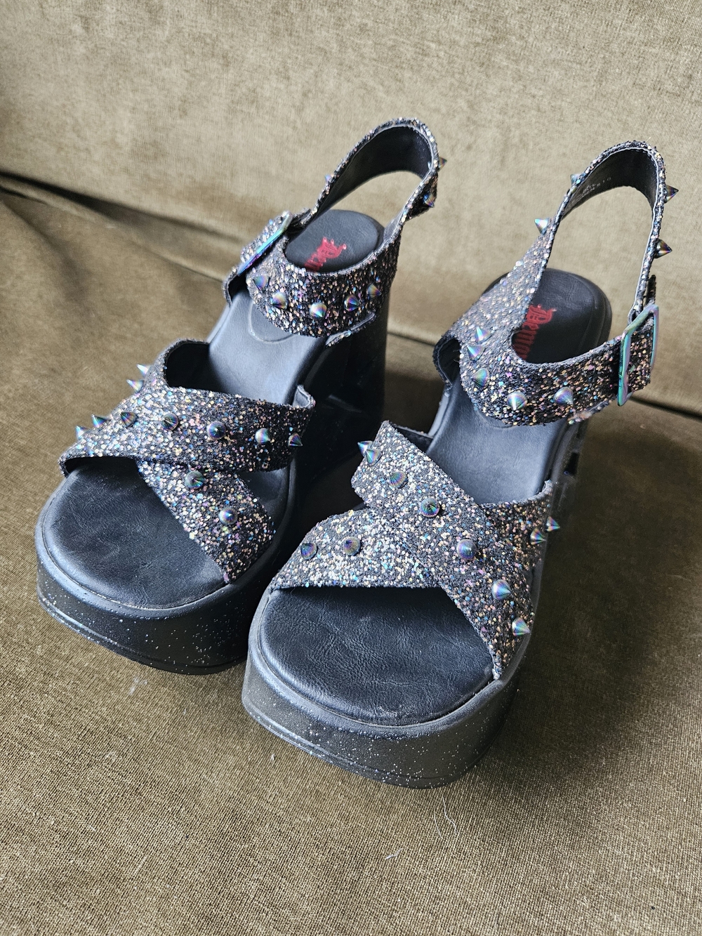 Demonia Dynamite Sandals - Black Glitter Platform Sandals with Studs - Womens 10